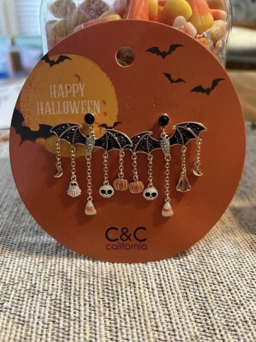 C&C California Black Bat Drop Earrings with Gold Chains and Halloween Charms